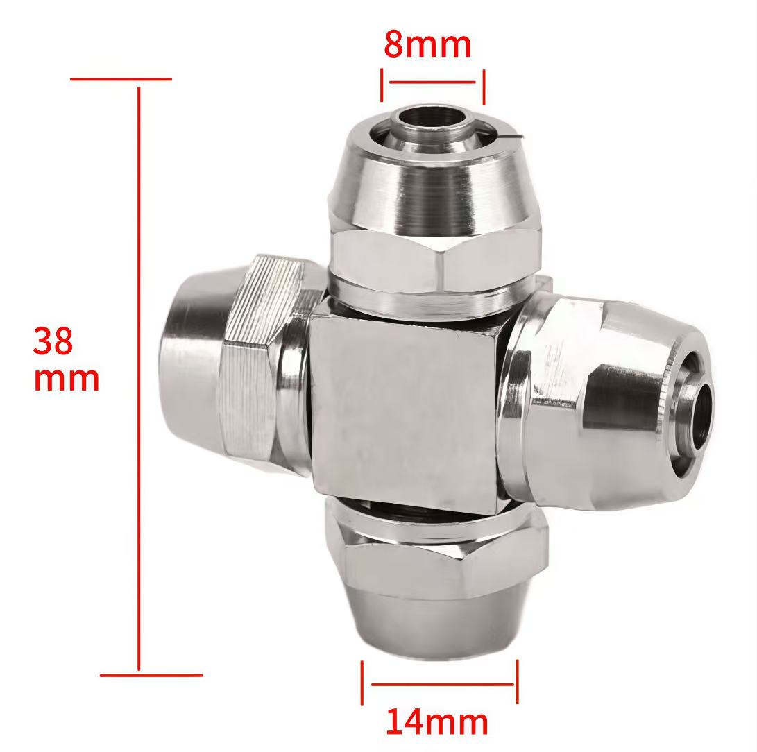 Heavy-duty metal cross connector for air hoses, quick-tight design