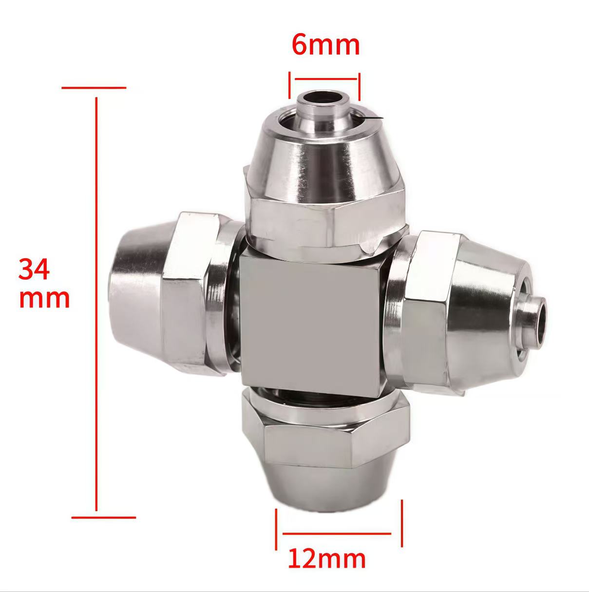 High-pressure air line cross fitting, quick connect brass coupling