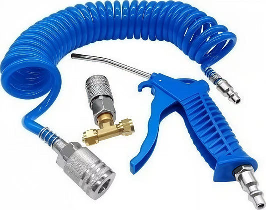 Heavy-duty pneumatic air blow gun kit with rubber hose, connector, and brass 3-way fitting for automotive and industrial use