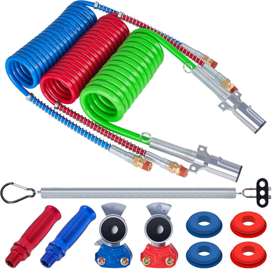 Trailer 3-in-1 spiral hose kit with air hoses and wire conduit harness for semi-trailers and tow trailers