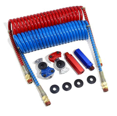 Semi-truck and trailer coiled air brake tubing with emergency connectors and durable extension handles